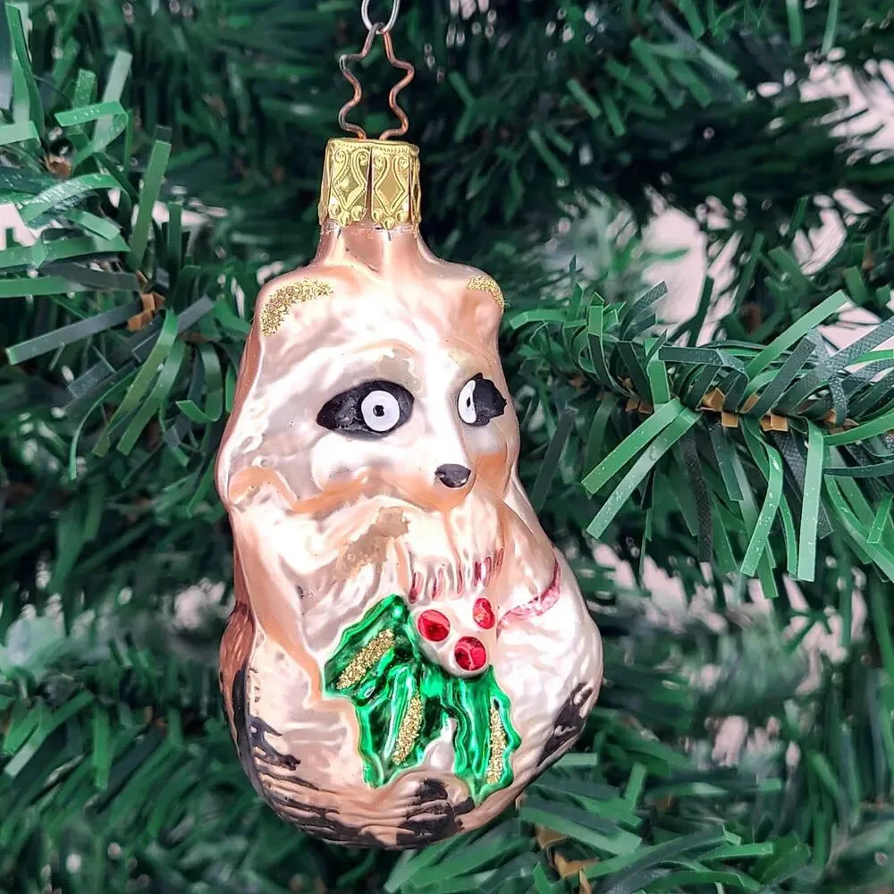 Vintage Inge Glas Raccoon Ornament Holly Glass Christmas Germany OWC Trash Panda